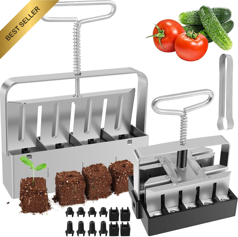 2Pcs Soil Blocker Set - 4 Cell/20Cell Seed Block Maker with Clip, Rustproof Hand
