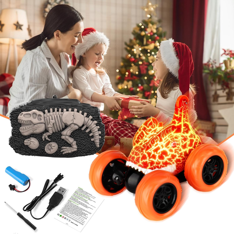 Dinosaur RC Stunt Car 360&deg;Rolling Twister with Colorful Lights, 2.4 Ghz Recharge