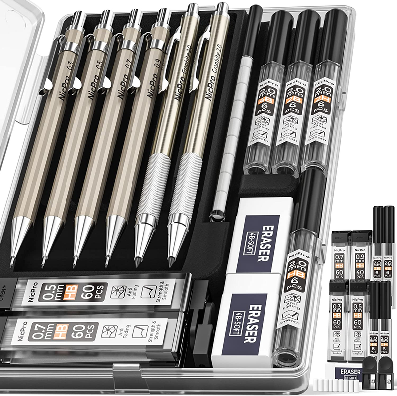 6ps Mechanical drafting pencil lot 0.3/0.5/0.7/ 0.9mm & Lead Holder, Eraser Case