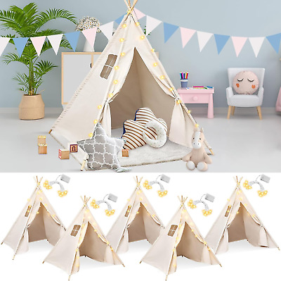 6 Set Teepee Tent for Kids with 10Ft Light String Set Foldable Play Tent Cotton 