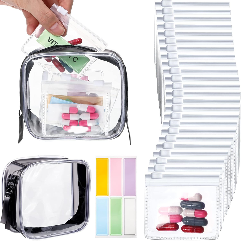 Meanplan 26 Pcs Waterproof Pill Pouch Set Clear Zipper Storage Bag Stickers