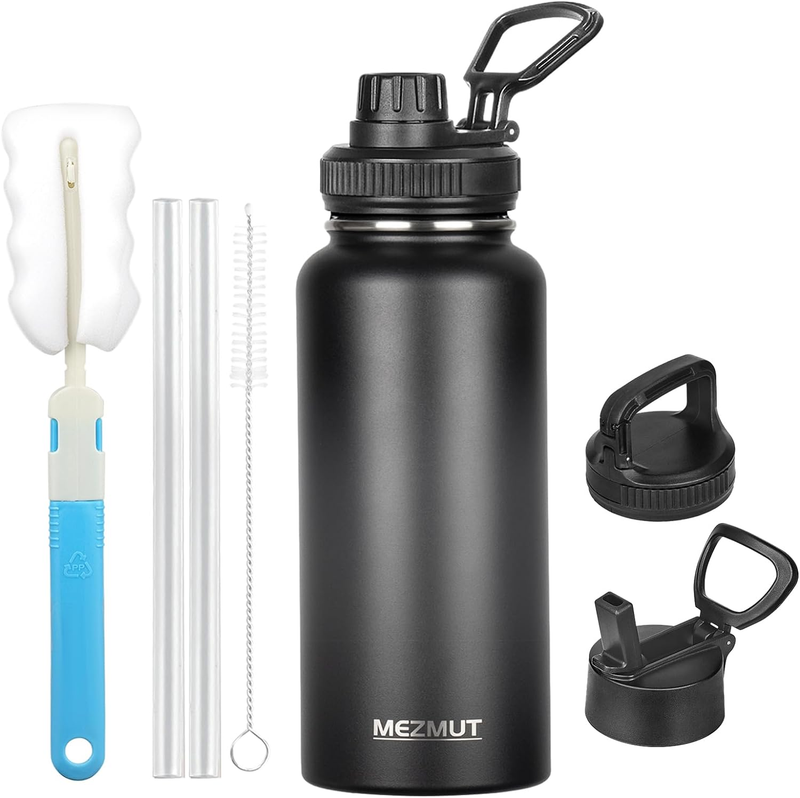 Vacuum Insulated Water Bottle 32Oz with Straw & Spout Lids,Stainless Steel Water