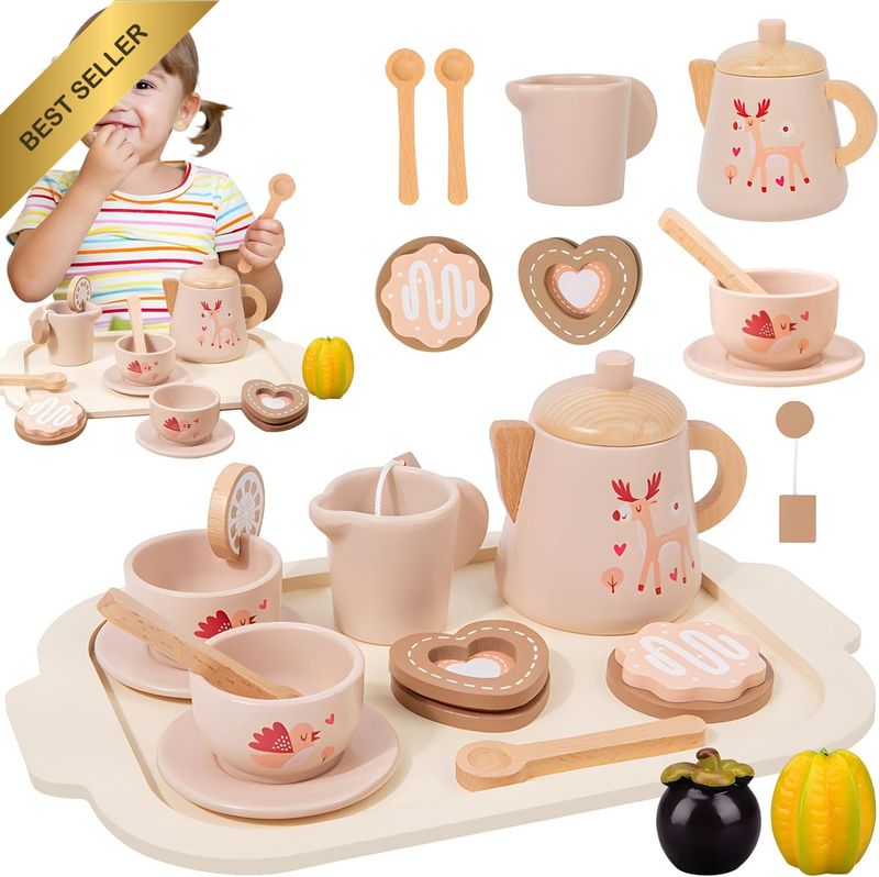Tea Party Set Kids Girls, Children Wooden Play Kitchen Accessories