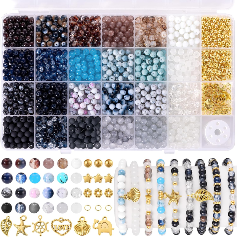 1377pcs Neutral Colors Glass Beads, 6mm Round Beads Bracelet Making Kit, Marble