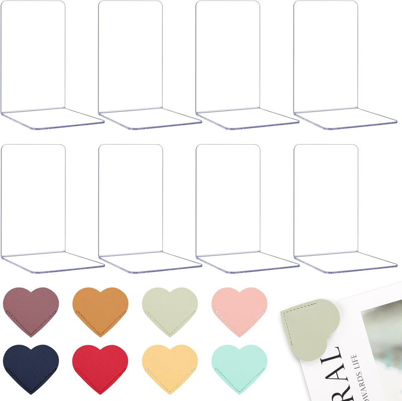 8PCS Acrylic Bookends and 8PCS Heart Leather Bookmarks, Clear Book Ends for Shel
