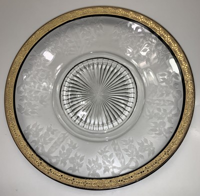 Vintage 1930s to 1950s Clear Glass Small Plate Retro Gold Trim Embossed Back Dish Display Decorative Flowers