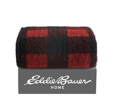 Eddie Bauer Cabin Plaid Sherpa Red & Black Throw Blanket-50X60