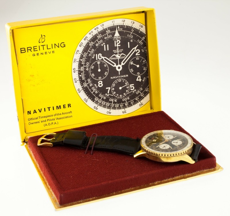 Vintage Gold-Plated Breitling Navitimer Chronograph Watch 806 w/ Box and