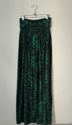 Bel Kazan Medium Wide Leg Green Black Print Wide Leg Pull On Pants Boho Artsy