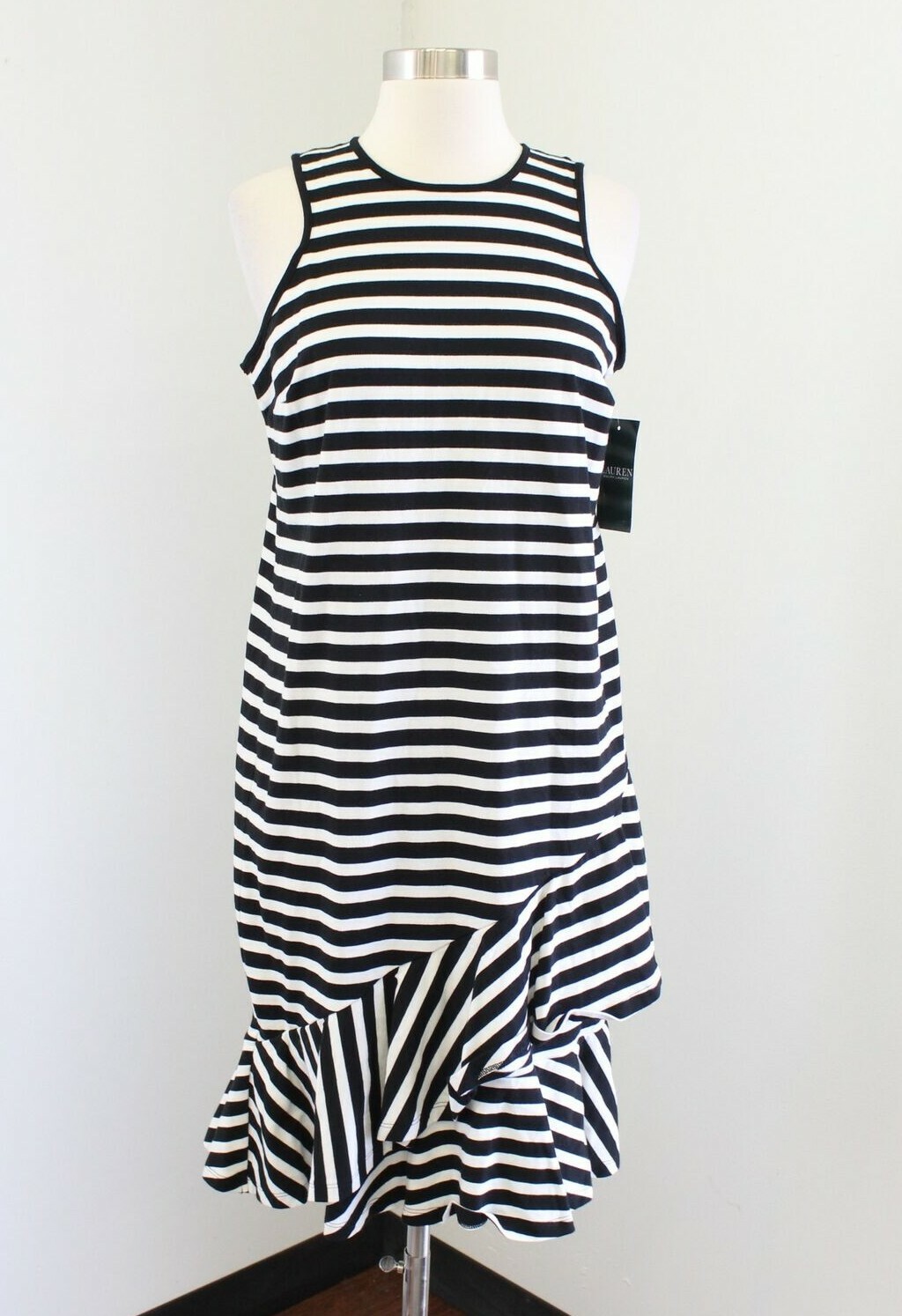 Ralph Lauren  BLACK WHITE ワンピース ruffle hem NWT Lauren Ralph Lauren Black Off White Striped Asymmetrical