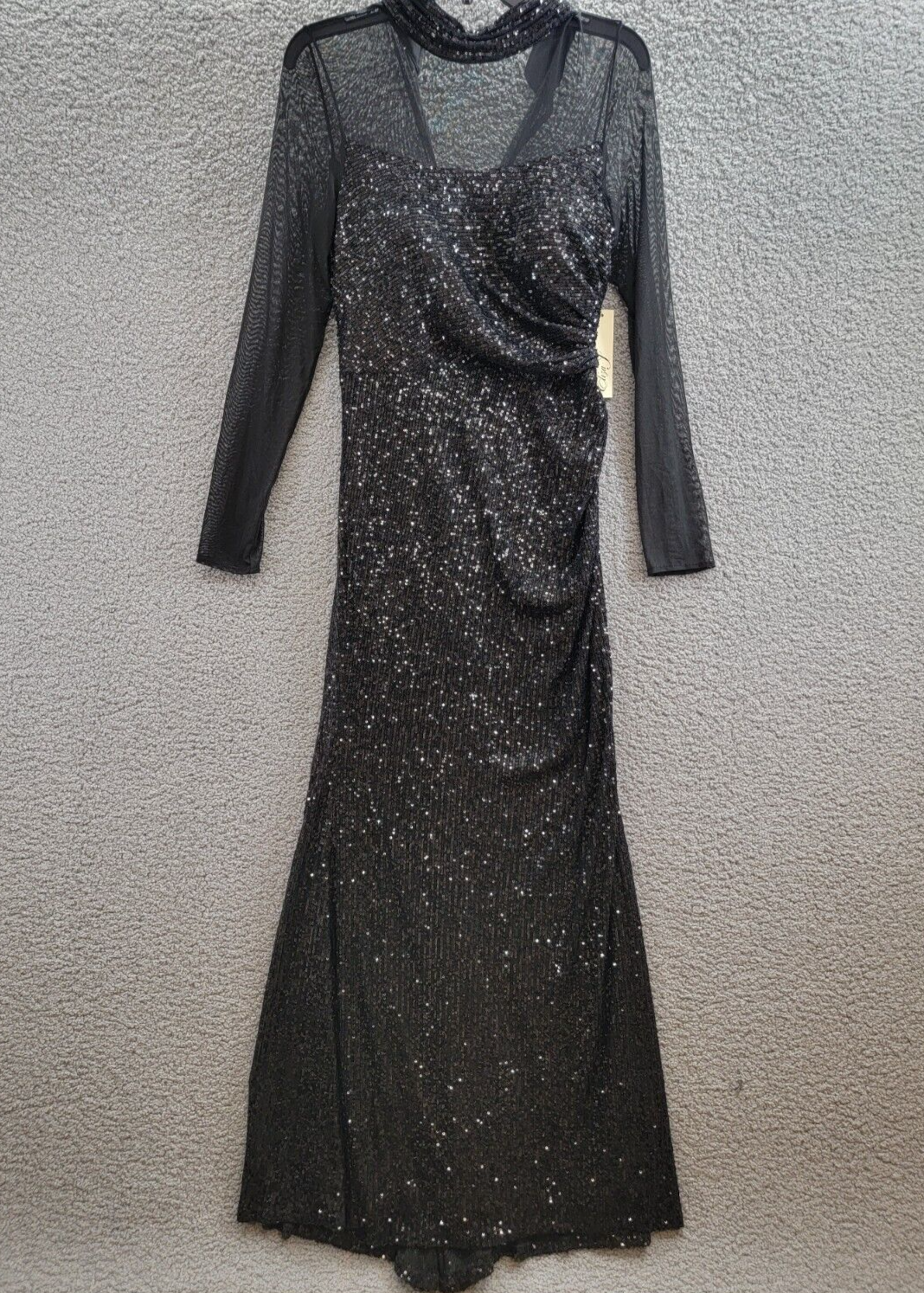 Eliza J Sequined Illusion Evening Dress Women's 10 Black Button Zip Closure L/S - Picture 2 of 18