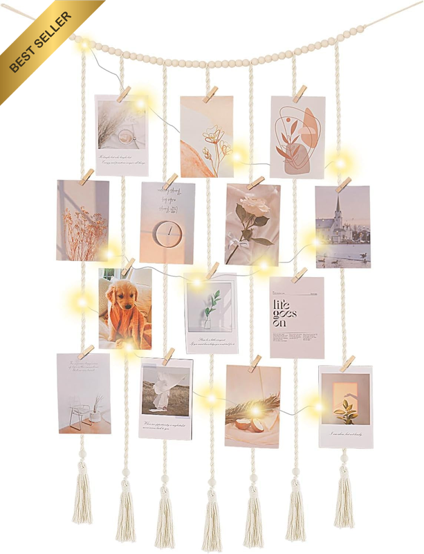 Macrame Hanging Photo Display Boho Wall Decor with String Lights Wooden Beads Ga
