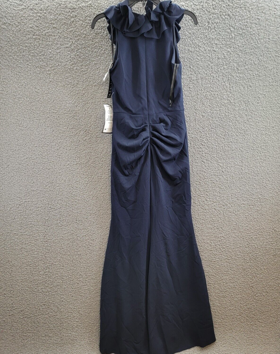 XSCAPE Ruffled-V-Neck Sleeveless Ruched Gown Women's 4 Navy Back Zip Closure - Picture 9 of 15