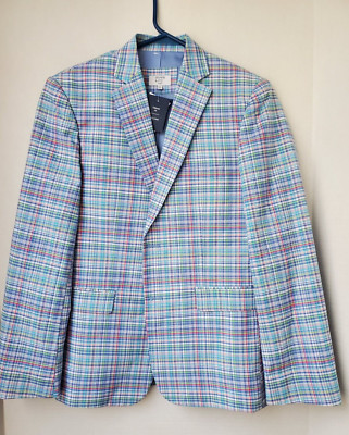 Crown & Ivy Kids Tailored Fit Fully Lined Boys Blue Plaid Blazer Sz 14 NWT