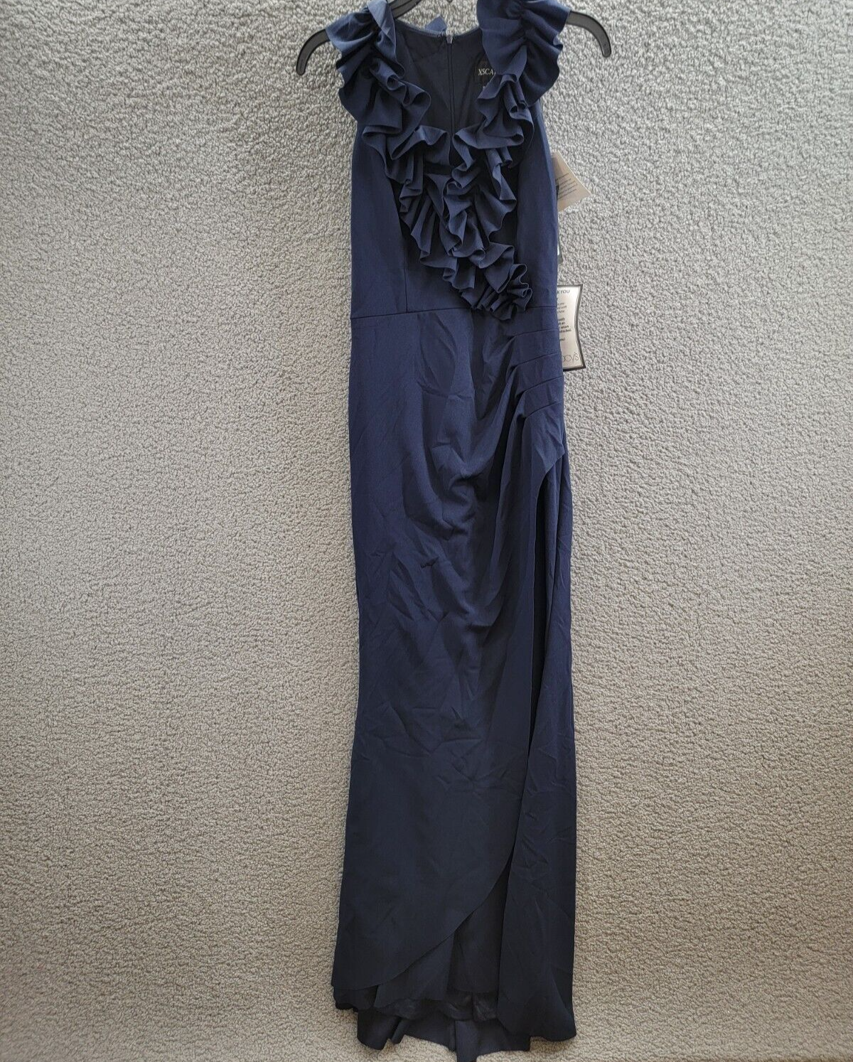 XSCAPE Ruffled-V-Neck Sleeveless Ruched Gown Women's 4 Navy Back Zip Closure - Picture 2 of 15