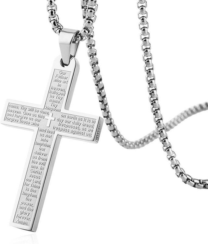Stainless Steel Unisex Cross Pendant Necklace with Lord'S Prayer