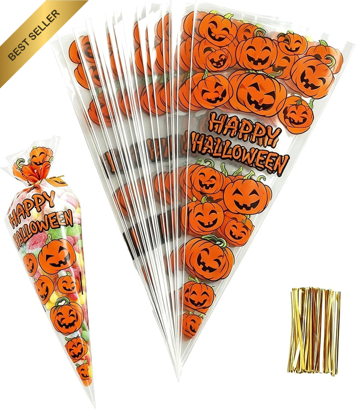 100 Pcs Pumpkin Cone Cellophane Treat Bags‑Clear Halloween Goodie Bags with Gold