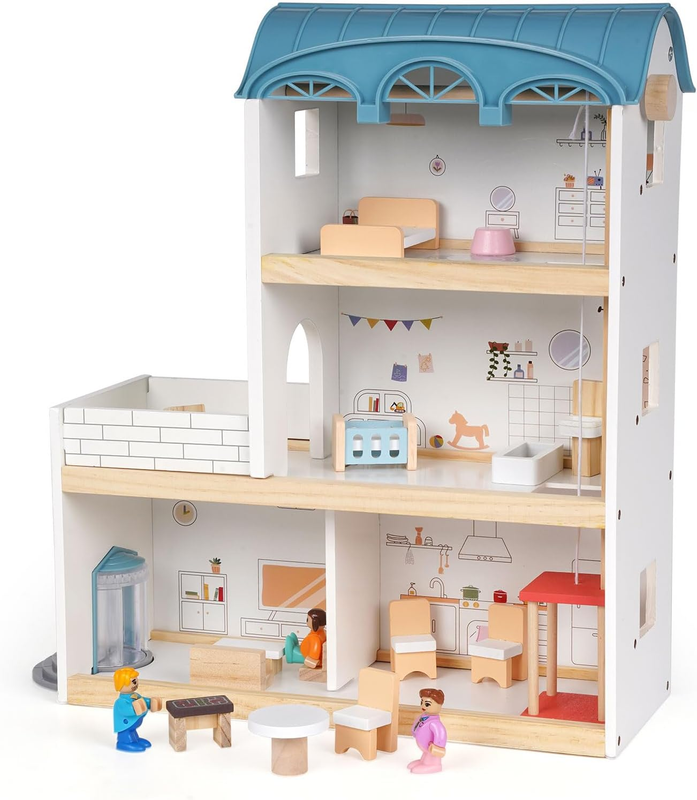 Wooden Dollhouse 3 Story Kids Playset w/ Furniture Figures Bal...