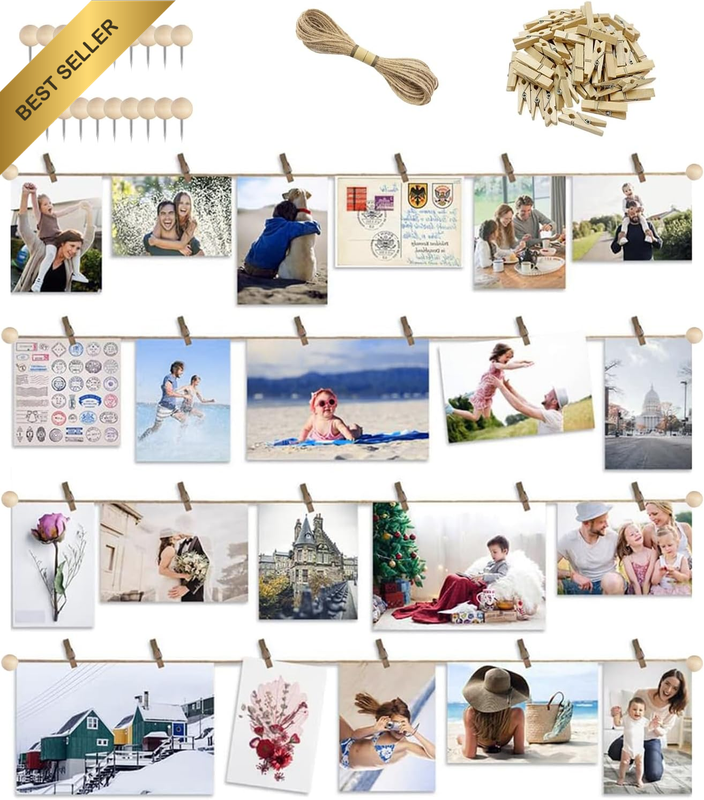 Photo Hanging Display with 50 Photo Clips - Premium Picture Hanging System with 