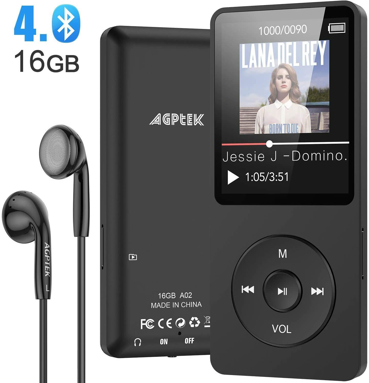AGPTEK A02ST MP3 Player 16GB Bluetooth 4.0 Zubehörpaket TFTDisplay