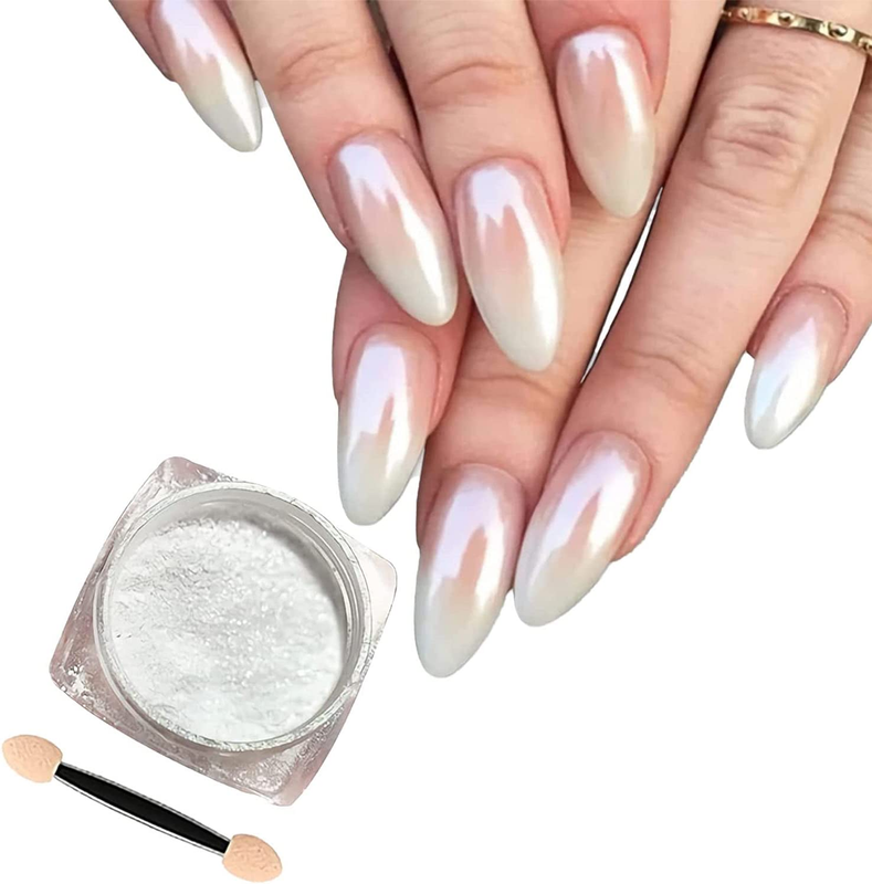 White Pearl Chrome Nail Powder,Mirror Effect Aurora Magic Pearlescent Nail Jewel