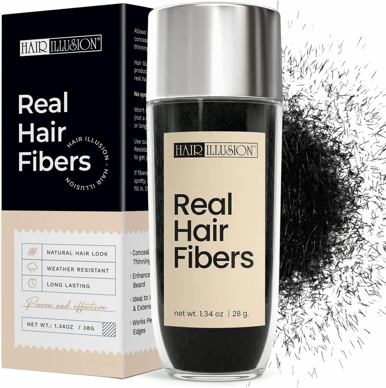 Black Real Hair Fibers for Thinning Hair - 100% Natural Texture, Non Synthetic H