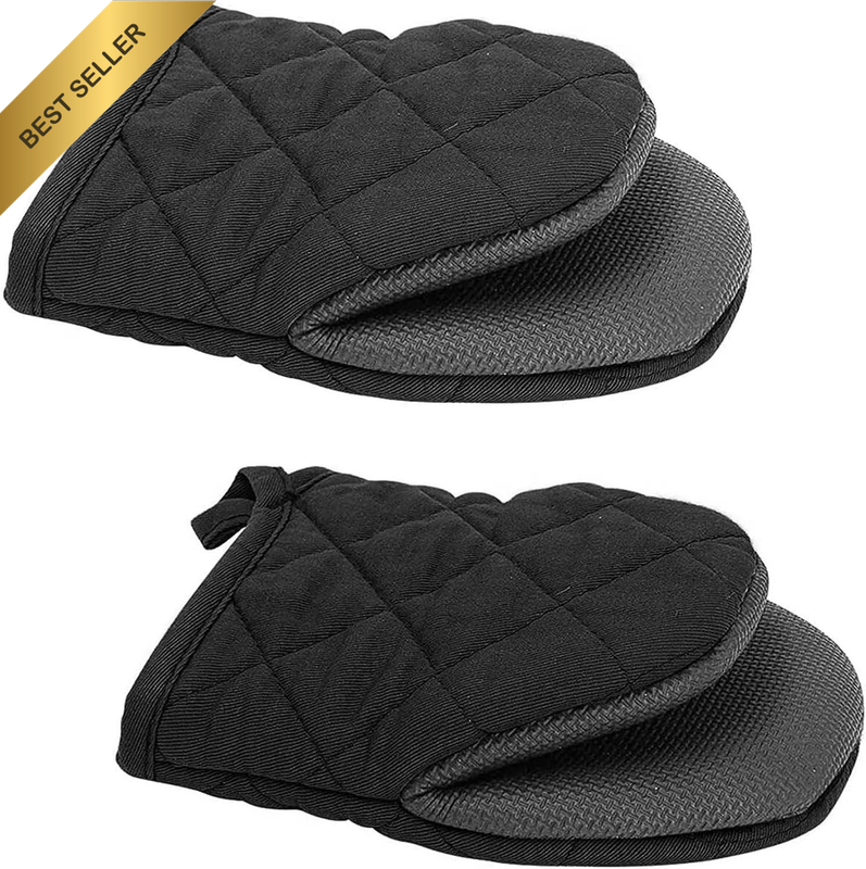Oven Gloves Heat Resistant - 1 Pair Cotton + Silicone Kitchen Short Oven Mitts,