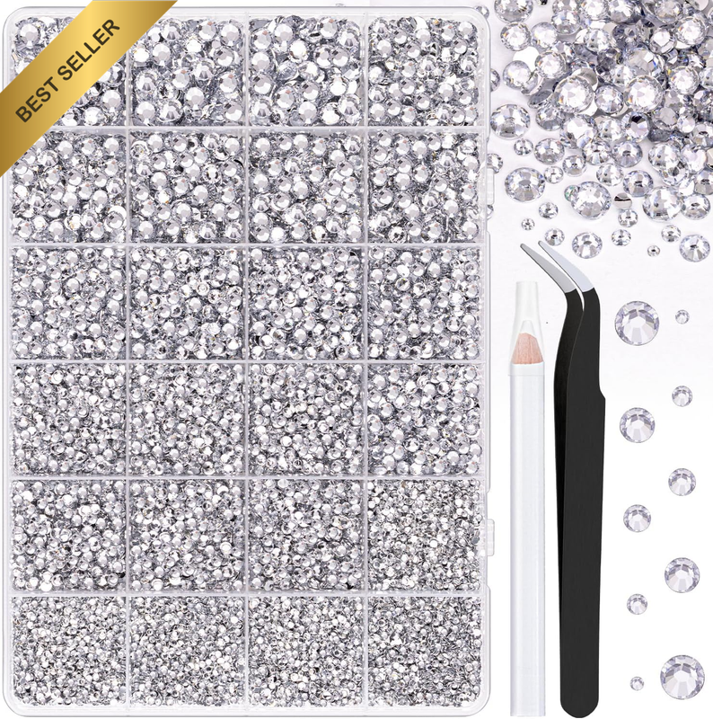 25000Pcs Resin Rhinestones with Tweezers for Crafting, Silver Clear 2-6Mm Mixed