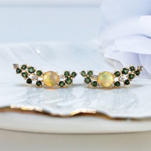 10k Yellow Gold Ethiopian Opal & Chrome Diopside Earrings, New - Picture 3 of 12