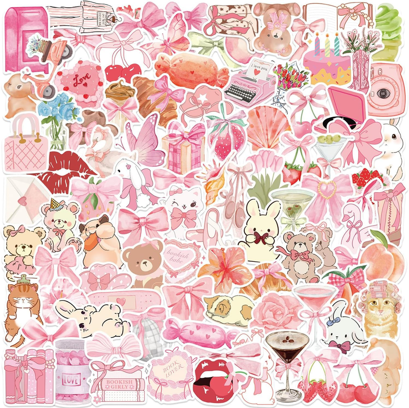100PCS Stickers for Teen, Cute Bow & Teddy Bear Vinyl Stickers for Water Bottles
