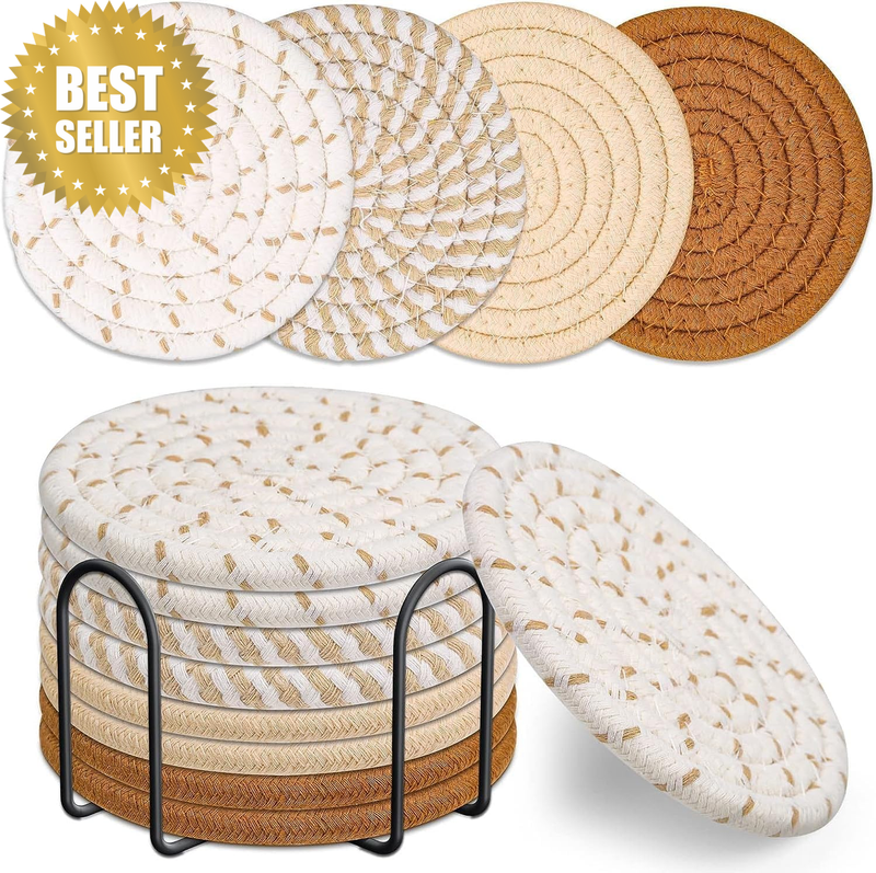 8 Pcs Drink Coasters with Holder, Minimalist Cotton Woven 4 Colors Absorbent Coa
