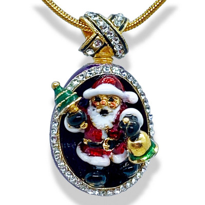 Santa w/Bell Sterling Silver Enamel Faberge Egg Pendant Crystals Garnet 24''Chain