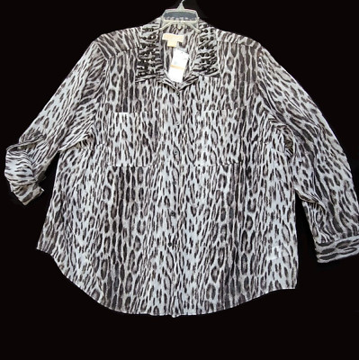 Michael Kors Womens 3X Blouse NWT Leopard Print Roll Tab Sleeve Studs $110 New