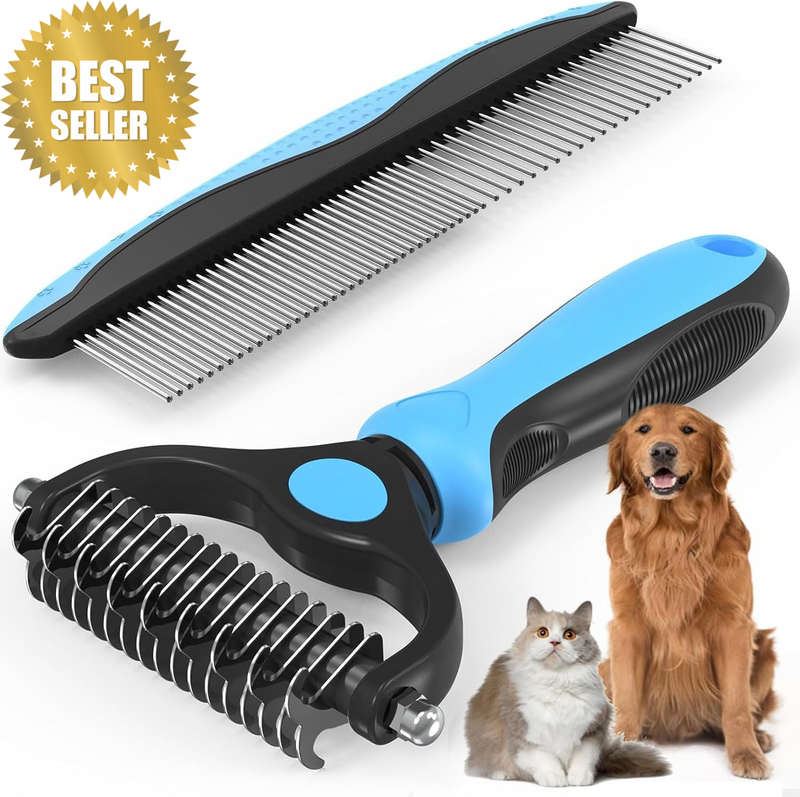 Pet Grooming Combo - Blue Deshedding Brush with Metal Comb for Detangling and De