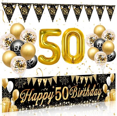 50 Geburtstag Deko Mann Frau, 50 Happy Birthday Banner Schwarz Gold, Luftballons