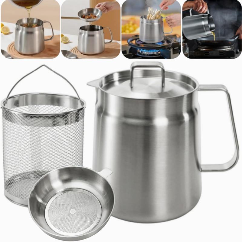 304 Stainless Steel Oil Filter Pot, 68 Oz Deep Fryer Pot with Strainer Basket, V