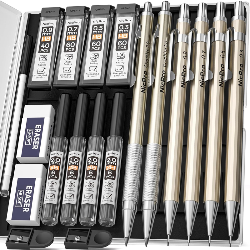 S Set, Metal Drafting Pencil 0.3, 0.5, 0.7, 0.9 Mm & 2