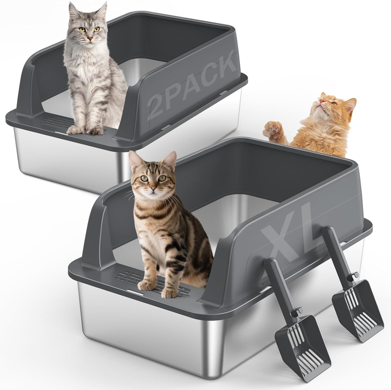 2PACK Stainless Steel Litter Box, Extra Large Litter Boxes for Big Cats, XL Meta