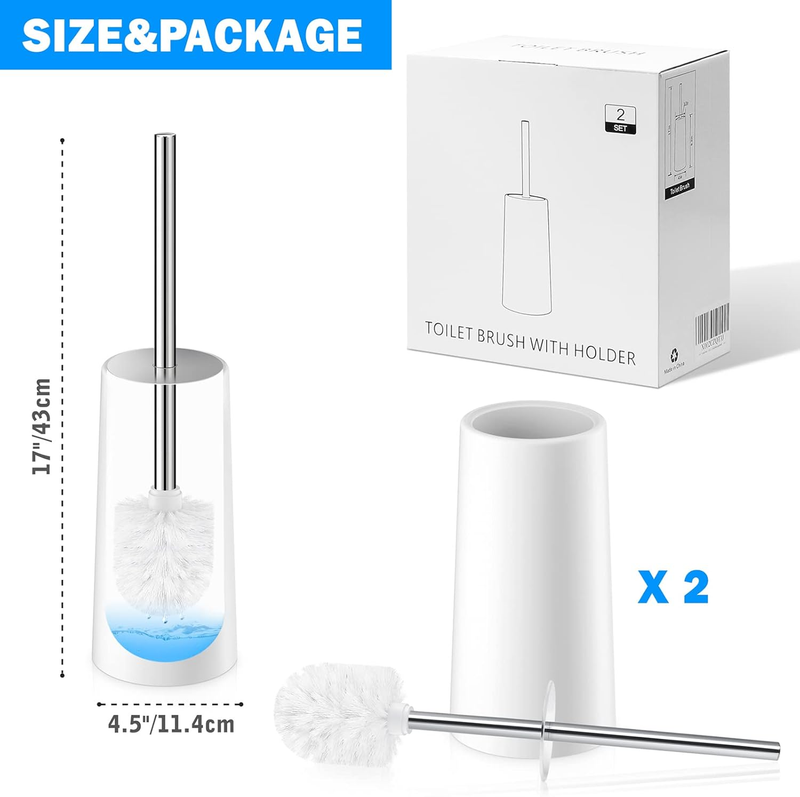 Toilet Brush and Holder, 2 Pack Toilet Brush with 304 Stainless Steel Long Handl