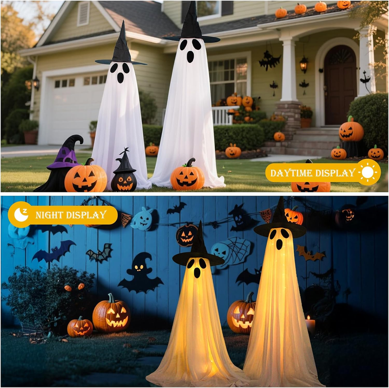 2 Packs Ghost Halloween Decorations Outdoor, Battery Operated Halloween Lights w