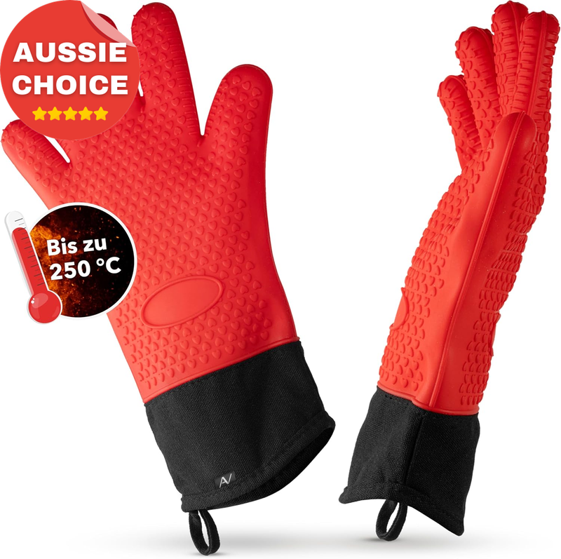 Red Heat Resistant Silicone Oven Gloves Non-Slip BBQ Cooking 250°C 2 Pairs Set