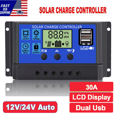 30A Solar Panel Battery Charge Controller 12V/24V LCD Regulator Auto Dual USB US