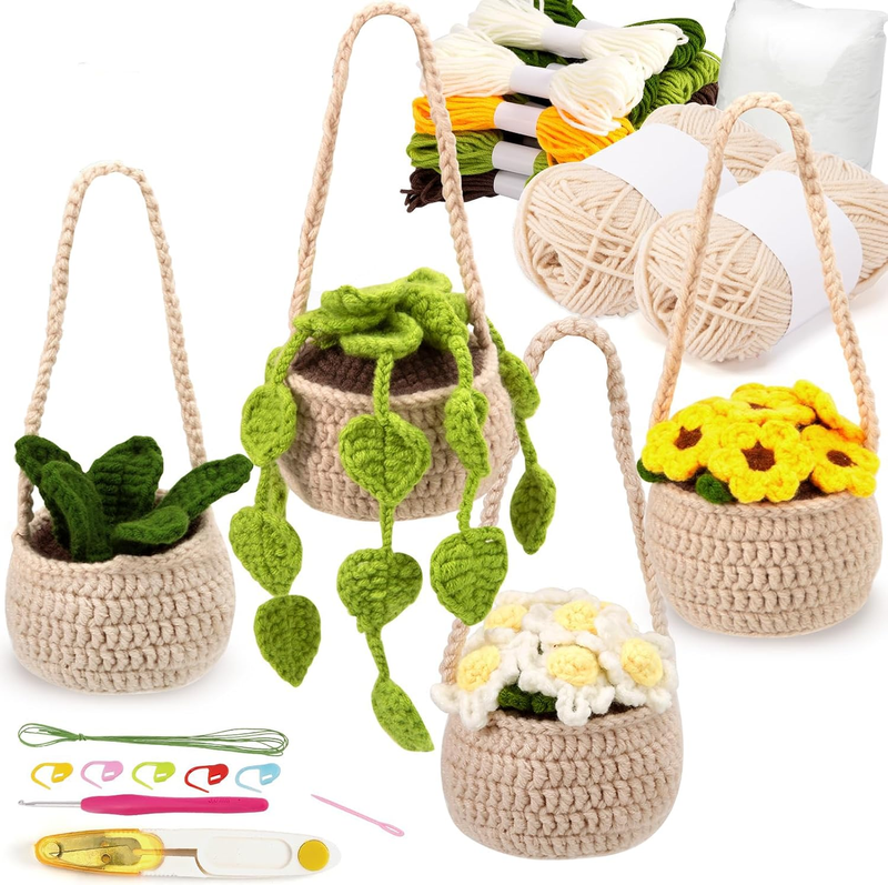 Crochet Kit for Beginners - 4 PCS Hanging Potted Plants, Beginner Crochet Kit fo
