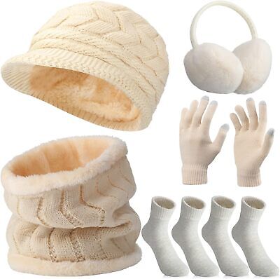 6 Pcs Winter Hat Gloves Scarf Earmuffs Socks Set Knit Beanie Hat Neck Touch Scre