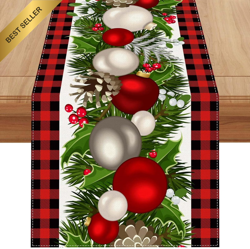 Linen Red Black Buffalo Check Plaid Christmas Table Runner 72 Inches