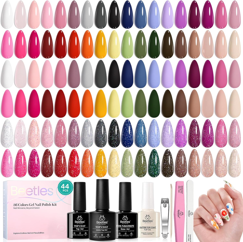 44 PCS Gel Nail Polish Set-36 Colors Gel Polish Set Base Coat Glossy Matte & Gli