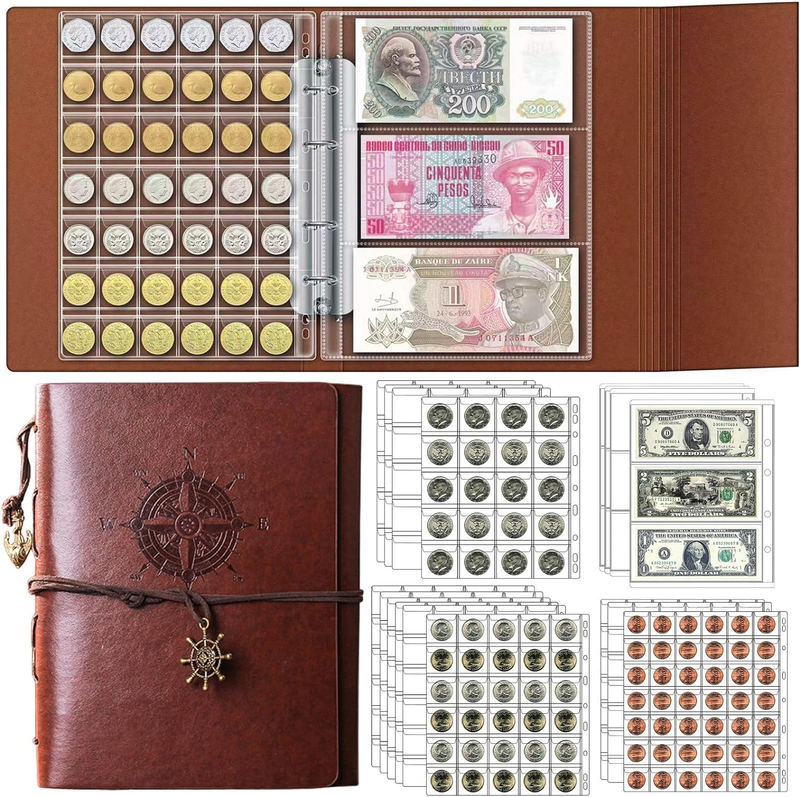 Coin Collection Book 386 Coin Pockets & 12 Currency Sleeves, Coin Collecting Alb