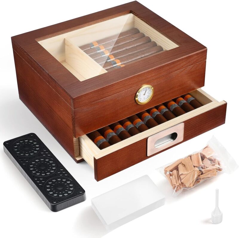 Glass Top Cedar Humidor with Front Hygrometer Humidifier Divider and Drawer