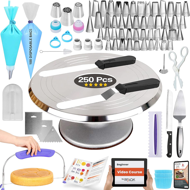 250 PCs Aluminum Cake Decorating Kit with 12" Cake Turntable - 48 Numbered Pipin