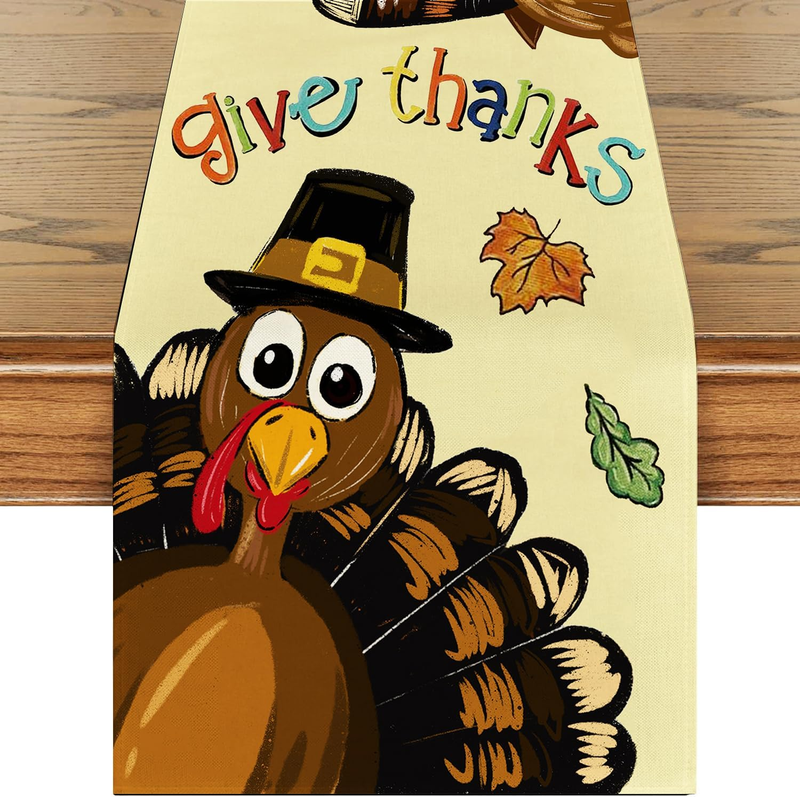 Thanksgiving Turkey Table Runner, Give Thanks Gobble Turkey Maple Leaves Table R